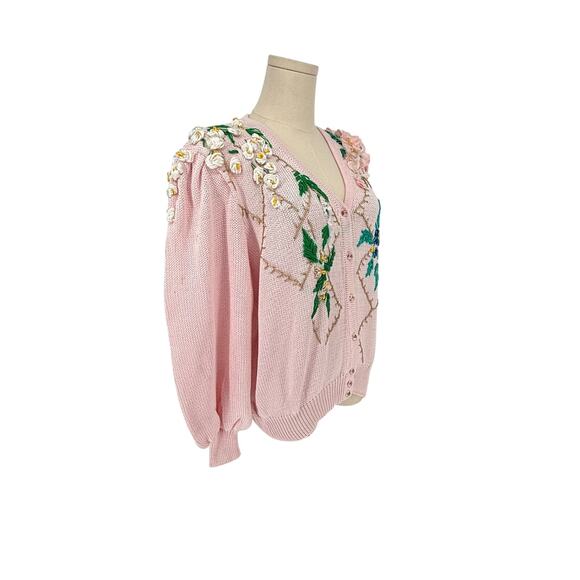 1980s Vintage Floral Hand Embroidered Granny Chunky Cardigan Sweater Pastel Pink - Picture 12 of 12